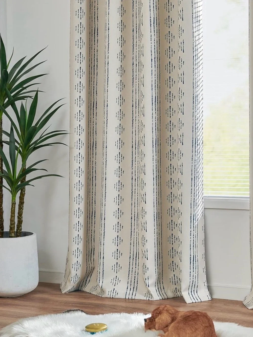 Blackout Boho Grommet Curtains in Blue & Beige with Geometric Print. 4 Panels.
